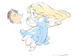  1girl animalization barefoot blonde_hair blue_dress blue_eyes dress hedgehog highres kucho_(ughhhh1110) looking_at_another maria_robotnik open_mouth shadow_the_hedgehog simple_background sketch sonic_(series) white_background 