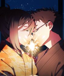  1boy 1girl alternate_costume ayase_momo black_hair brown_hair closed_eyes closed_mouth commentary_request dandadan facing_another fireworks from_side glasses highres holding holding_fireworks japanese_clothes kimono korean_commentary medium_hair night night_sky outdoors profile round_eyewear short_hair sky sparkler star_(sky) starry_sky takakura_ken_(dandadan) upper_body yukata zoom_ret 