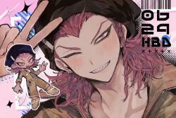  1boy arm_up beanie ben-day_dots black_hat blush braid chibi collared_jumpsuit commentary_request danganronpa_(series) danganronpa_2:_goodbye_despair dated earrings grin happy_birthday hat highres holding holding_wrench jewelry joonoyuki jumpsuit looking_at_viewer male_focus medium_hair multiple_views one_eye_closed open_mouth piercing pink_eyes pink_hair screentones sharp_teeth shoes side_braid single_braid smile soda_kazuichi sparkle striped_clothes striped_jumpsuit stud_earrings teeth unzipped upper_teeth_only v widow&#039;s_peak wrench yellow_jumpsuit yellow_shoes zipper zipper_pull_tab 