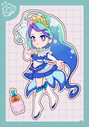  1girl absurdly_long_hair aqua_border aqua_hair blue_collar blue_eyes blue_hair blue_ribbon blue_shirt blue_skirt blue_socks boots border bottle braid bridal_gauntlets bright_pupils brooch collar crop_top cure_mermaid deformed detached_collar dot_nose dotted_line earrings eyelashes floating full_body go!_princess_precure gold_tiara gradient_hair grey_background grid_background hair_ribbon hand_on_own_chest happy high_heel_boots high_heels highres jewelry kaidou_minami knee_boots kneehighs long_hair looking_at_viewer magical_girl midriff miniskirt multicolored_hair navel necklace open_mouth outline outstretched_hand pearl_necklace perfume_bottle pleated_skirt precure purple_hair ribbon shell shell_earrings shell_hair_ornament shirt short_sleeves signature single_braid skirt smile socks solo streaked_hair tiara train_(clothing) uwded_207 very_long_hair wavy_hair white_boots white_bridal_gauntlets white_outline white_pupils white_sleeves 