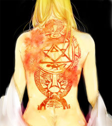 1girl back back_focus back_tattoo blonde_hair female_focus feu_atla from_behind fullmetal_alchemist magic_circle nude off_shoulder riza_hawkeye scar solo tattoo upper_body rating:Sensitive score:56 user:danbooru