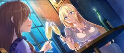  2girls ahoge alcohol blonde_hair blue_eyes bottle breasts brown_hair closed_mouth collarbone cup darkness_(konosuba) game_cg hair_between_eyes hair_over_one_eye hand_up highres holding holding_cup indoors kono_subarashii_sekai_ni_shukufuku_wo! konosuba!_fantastic_days large_breasts long_hair looking_at_another moonlight multiple_girls night nightgown official_alternate_costume official_art open_mouth pink_nightgown purple_nightgown shade sidelocks sitting smile sparkle table window wispy_bangs wiz_(konosuba) 