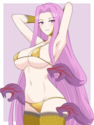  1girl absurdres armpits bikini border breasts cleavage collarbone cowboy_shot dani_(angrymatthew) eyebrows_hidden_by_hair eyes_visible_through_hair facial_mark fate/grand_order fate_(series) gold_bikini golden_week gorgon_(fate) highres large_breasts long_bangs long_hair looking_at_viewer medusa_(fate) medusa_(rider)_(fate) navel outside_border parted_bangs purple_background purple_eyes purple_hair rider scales sideboob smile snake_hair solo swimsuit teeth thighs underboob very_long_hair white_border yellow_scales 