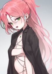  1girl absurdres black_jacket blush breasts cleavage covering_privates earrings gradient_background gradient_hair green_eyes hanako_nana highres jacket jewelry korean_commentary long_hair looking_at_viewer multicolored_hair navel necklace nude nude_cover pink_hair ponytail sangobob small_breasts solo stellive stomach virtual_youtuber 