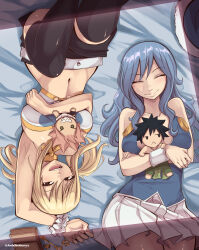  2girls absurdres artist_name black_hair black_shorts black_thighhighs blonde_hair blue_hair blue_hat blue_shirt breasts brown_eyes character_doll closed_eyes commentary doll english_commentary fairy_tail gray_fullbuster grin hat highres hugging_doll hugging_object joshdinobarney juvia_lockser key large_breasts long_hair lucy_heartfilia lying midriff multiple_girls natsu_dragneel navel on_bed open_mouth pink_hair sharp_teeth shirt short_shorts short_twintails shorts sidelocks skirt smile teeth thighhighs twintails twitter_username unworn_hat unworn_headwear upper_teeth_only white_skirt 