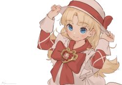 1girl ashita_no_nadja bad_id bad_twitter_id blonde_hair blue_eyes blush bow brooch dress female_focus hat hat_bow heart heart_brooch jewelry long_hair long_sleeves looking_at_viewer nadja_applefield porkpie_hat ryota_(ry_o_ta) signature simple_background smile solo upper_body white_background rating:General score:4 user:danbooru