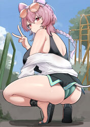  1girl absurdres animal_ears arknights armpit_crease ass bare_shoulders black_sandals black_tank_top braid day dishui_tangni eyewear_on_head full_body green_panties hair_between_eyes hashtag-only_commentary highres jpeg_artifacts lin_(arknights) lin_(summer_flowers)_(arknights) long_hair median_furrow off_shoulder official_alternate_costume orange-tinted_eyewear outdoors panties park pink_hair red_eyes round_eyewear sandals shirt shoe_soles sleeveless solo squatting tail tank_top tinted_eyewear turning_head underwear v white_shirt 