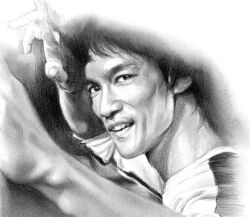 1boy bruce_lee fighting_stance graphite_(medium) greyscale male_focus masa_room monochrome portrait real_life smile solo teeth traditional_media upper_body 