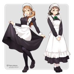  2girls alternate_costume apron black_dress black_pantyhose blush breasts brown_eyes brown_hair dated dress enmaided frilled_apron frills full_body glasses grey_background headdress high_side_ponytail kantai_collection large_breasts littorio_(kancolle) long_hair long_sleeves looking_at_viewer maid maid_apron maid_headdress multiple_girls pantyhose ponytail roma_(kancolle) short_hair smile teramoto_kaoru twitter_username waist_apron wavy_hair white_apron white_background white_pantyhose 