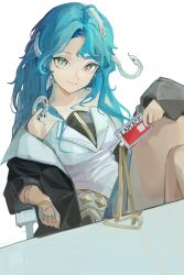  1girl bare_shoulders black_coat blue_hair chair coat crossed_legs ddul_(hauluimubingoj1) dress feet_out_of_frame green_eyes highres hissabeth holding_id_card lanyard legs_up long_hair looking_at_viewer on_chair red_pupils reverse:1999 sitting slit_pupils smile solo strapless strapless_dress table white_background white_dress 
