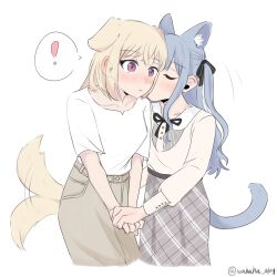  ! 2girls animal_ears bang_dream! bang_dream!_it&#039;s_mygo!!!!! black_ribbon blonde_hair blue_hair blush brown_skirt cat_ears cat_girl cat_tail closed_eyes closed_mouth dog_ears dog_girl dog_tail grey_skirt hair_ribbon hashtag-only_commentary highres holding_hands kemonomimi_mode long_hair long_sleeves medium_hair misumi_uika multiple_girls plaid_clothes plaid_skirt purple_eyes ribbon shirt short_sleeves simple_background skirt spoken_exclamation_mark tail togawa_sakiko twitter_username two_side_up wahaha_0104 white_background white_shirt yuri 