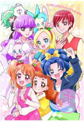  +_+ 6+girls animal animal_on_head apron arisugawa_himari arm_up arms_around_waist biburi_(precure) big_hair black_dress blonde_hair blue_dress blue_eyes blue_hair blue_jacket blue_pants blunt_bangs bow braid brown_hair buttons chourou_(precure) clenched_hand closed_mouth coat collarbone collared_coat collared_jacket collared_shirt colorful_background copyright_name cowboy_shot denim dog dot_nose dress drill_hair eyelashes fang feather_hair_ornament feathers fingernails food-themed_hair_ornament forehead frilled_apron frills green_hair green_skirt hair_bow hair_ornament hairband hand_on_own_chest hand_on_own_hip happy height_difference highres holly_hair_ornament hug hug_from_behind jacket jeans julio_(precure) kenjou_akira kirahoshi_ciel kirakira_precure_a_la_mode kotozume_yukari lapels layered_shirt layered_sleeves leaning_to_the_side leather leather_jacket light_blush long_hair long_sleeves looking_at_viewer low_twin_braids maid maid_headdress miniskirt momo02634 multiple_girls notched_lapels on_head one_eye_closed open_clothes open_coat open_jacket open_mouth outline pants pekorin_(precure) pinafore_dress pink_bow pink_dress pink_eyes pleated_dress pleated_skirt precure puffy_short_sleeves puffy_sleeves purple_coat purple_eyes purple_hair red_eyes red_hair red_hairband reverse_trap shirt short_dress short_hair short_over_long_sleeves short_sleeves skirt sleeve_cuffs sleeveless sleeveless_dress smile sparkling_eyes spheres standing star_(symbol) star_symbol_background strawberry_hair_ornament sweatdrop tareme tategami_aoi teeth thick_eyebrows tsurime twin_braids twintails upper_teeth_only usami_ichika v v-neck waist_bow watermark white_apron white_outline white_shirt yellow_bow yellow_shirt 