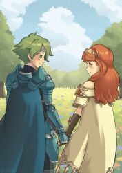  1boy 1girl alm_(fire_emblem) armor black_gloves blue_armor blush cape celica_(fire_emblem) cloud cloudy_sky couple fingerless_gloves fire_emblem fire_emblem_echoes:_shadows_of_valentia flower from_behind gloves grass green_eyes green_hair hetero highres holding_hands long_hair nintendo orange_eyes orange_hair prince princess red_eyes red_hair short_hair shoulder_armor sky smile tiara tree vildrum white_armor 