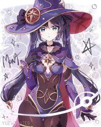  1girl black_gloves breasts choker detached_sleeves earrings fur_collar genshin_impact gloves gold_trim hat hat_ornament highres jewelry leotard long_hair looking_at_viewer medium_breasts mona_(genshin_impact) navel open_mouth pantyhose ponytail_holder purple_hair purple_hat purple_leotard solo sparkle_print star_(symbol) star_choker star_earrings swimsuit thighlet thighs twintails very_long_hair witch_hat yuewishies 