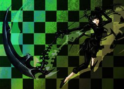  1girl a-er_(akkij0358) black_dress black_hair black_horns black_leggings black_rock_shooter dead_master dress green_eyes high_heels highres holding holding_scythe horns leggings medium_hair scythe skeletal_hand skeletal_wings solo wings 