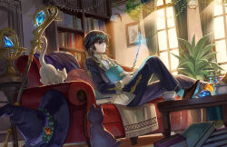  1boy aqua_socks armillary_sphere black_cat black_hair black_hat black_jacket black_pants bolo_tie book book_stack bookshelf brown_shoes cat collared_shirt colored_shoe_soles commentary couch cross-laced_shoes crystal cup curtains cushion dress_shoes feet_on_table foot_out_of_frame from_side hair_between_eyes hanging_plant hat holding holding_book holding_wand indoors jacket lapels long_sleeves looking_at_animal magic male_focus muntins notched_lapels on_couch open_book open_clothes open_jacket original pants picture_frame puckered_lips purple_eyes saucer scallgo shirt shoes short_hair sideways_glance sitting socks solo staff sugar_bowl sunlight symbol-only_commentary table teacup teaspoon test_tube test_tube_rack unworn_hat unworn_headwear wand white_cat white_shirt window witch_hat 