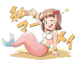  1girl amami_haruka arm_up bikini bow bracelet breasts brown_hair full_body green_eyes hair_bow hand_on_ground idolmaster idolmaster_(classic) jewelry looking_at_viewer mermaid monster_girl monsterification necklace one_eye_closed open_mouth red_bow short_hair sitting solo star_(symbol) swimsuit tsubobot white_background 