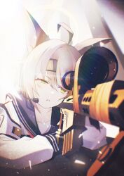 1girl ahoge animal_ears anti-materiel_rifle barrett_m82 black_sailor_collar blue_archive commentary_request ear_protection film_grain fox_ears green_eyes gun halo highres holding holding_weapon looking_through_scope neckerchief otogi_(blue_archive) red_neckerchief rifle sailor_collar school_uniform scope serafuku sniper_rifle solo tactical_school_uniform ula_ula00 upper_body weapon 
