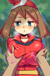  1boy 1girl aqua_eyes arms_behind_back averting_eyes bandana blush breasts breath brown_hair collarbone commentary compensated_molestation egao_(sikorsky) grabbing_another&#039;s_breast groping hetero huge_breasts looking_at_viewer may_(pokemon) nintendo oppai_loli parted_lips pokemon pokemon_rse pov pov_hands red_bandana red_shirt shirt sound_effects textless_version upper_body 