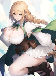 1girl absurdres ass baketsu black_boots blonde_hair boots braid breasts cape capelet cleavage commentary_request elena_(baketsu) framed_breasts from_side gold_trim green_cape green_eyes green_ribbon hand_on_own_chest highres holding holding_sword holding_weapon large_breasts long_hair long_sleeves looking_at_viewer original puffy_long_sleeves puffy_sleeves ribbon solo standing standing_on_one_leg sword weapon white_capelet
