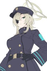  1girl absurdres analog1996 belt black_gloves blonde_hair blue_archive eyepatch flat_color from_below gloves green_eyes halo hand_on_own_hip hat high_collar highres looking_at_viewer looking_down medium_hair military_uniform peaked_cap solo standing suou_(blue_archive) white_background yellow_halo 