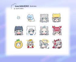  1girl :3 amashiro_natsuki animal animal_ears animal_on_head bangs_pinned_back beanie bib black_gloves black_shirt blue_bow blue_bowtie blue_dress blue_eyes blush_stickers bow bowtie cape cat_ears cat_girl cat_tail character_name chibi closed_mouth collared_dress commentary_request crab crown demon_horns demon_wings dress fake_animal_ears fake_horns fang forehead gloves grey_hair hair_between_eyes hair_bow hair_ornament hairband halo hat heart heart_hair_ornament hood hood_up horns indie_virtual_youtuber jitome kindergarten_uniform long_hair low_twintails mini_crown multicolored_polka_dots nachoneko on_head onesie open_mouth pacifier pineapple_costume polka_dot red_cape red_hairband red_wings school_hat shirt short_twintails striped_hat tail twintails twitter_username virtual_youtuber white_dress white_wings wings yellow_hat |_| 