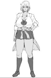 41_(taskmaster41) breasts cardigan cleavage full_body gyaru large_breasts looking_at_viewer miniskirt monochrome original ribbon see-through_clothes see-through_shirt shirt short_hair short_shirt simple_background skirt summer_uniform tagme thick_thighs thighs white_background