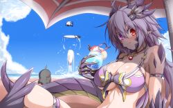  1boy 1girl ahoge arm_strap artist_name bare_shoulders beach beach_umbrella bikini blue_sky blush breasts claws cleavage closed_mouth cloud collarbone commentary_request cup day dragon_boy dragon_girl dragon_horns dragon_tail g_(genesis1556) hair_between_eyes hair_ornament hairclip heterochromia highres holding holding_cup horns jewelry large_breasts long_hair looking_at_viewer monster_girl necklace original outdoors pointy_ears purple_bikini purple_eyes purple_hair rara_(g_(genesis1556)) red_eyes rio_(g_(genesis1556)) scales shark sidelocks sitting skindentation sky smile solo_focus stomach surfboard swimsuit tail thigh_strap umbrella very_long_hair whale white_whale 