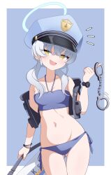 1girl absurdres bandeau bikini black_vest blue_archive blue_hat commentary_request cowboy_shot cuffs gluteal_fold grey_hair handcuffs hat highres innertube korean_commentary loli long_hair low_twintails mixed-language_commentary notice_lines peaked_cap police_hat poorunii purple_eyes side-tie_bikini_bottom smug solo swim_ring swimsuit thigh_gap twintails valkyrie_police_academy_student_(sg)_(blue_archive) vest yellow_eyes