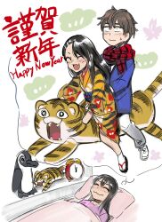  1boy 1girl 774_(nanashi) alarm_clock bed bed_sheet blue_jacket chinese_zodiac clock closed_eyes closed_mouth dreaming full_body grey_pants hachiouji_naoto highres ijiranaide_nagatoro-san jacket japanese_clothes kimono lying nagatoro_hayase official_art okobo on_back on_bed orange_kimono pants pillow platform_sandals red_scarf riding sandals scarf simple_background sleeping stuffed_animal stuffed_toy tabi tan tiger_stripes white_background year_of_the_tiger 
