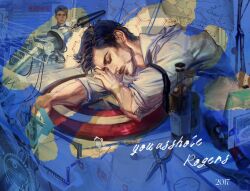  1boy 2017 alcohol avengers_(series) black_hair black_necktie blonde_hair blue_eyes bottle captain_america closed_eyes closed_mouth collared_shirt english_text facial_hair highres holographic_interface long_sleeves male_focus marvel marvel_cinematic_universe necktie peachline1106 pliers robot screw shield shirt short_hair sleeping solo star_(symbol) steve_rogers table tony_stark white_shirt workshop wrench 