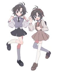  1girl antenna_hair backpack bag black_eyes black_hair black_necktie black_shoes black_skirt blush brown_dress brown_shoes closed_mouth collared_shirt dress full_body grey_hairband grey_sweater_vest hairband hands_up highres holding_strap idolmaster idolmaster_(classic) kikuchi_makoto kneehighs loafers long_sleeves looking_at_viewer multiple_views necktie open_mouth pinafore_dress pnt_0202 red_hairband red_necktie school_uniform shirt shoes short_hair simple_background skirt sleeveless sleeveless_dress smile socks standing standing_on_one_leg sweater_vest thighhighs waving white_background white_socks white_thighhighs 