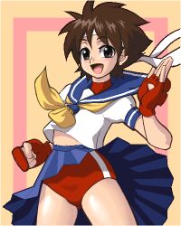  1girl blue_sailor_collar blue_skirt brown_hair buruma buruma_under_skirt clothes_lift fingerless_gloves fjt_(fjym2) gloves headband kasugano_sakura looking_at_viewer lowres midriff_peek neckerchief open_mouth pleated_skirt red_buruma red_gloves ribbon sailor_collar school_uniform serafuku shirt short_hair skirt skirt_lift solo standing street_fighter white_headband white_ribbon white_shirt yellow_neckerchief 