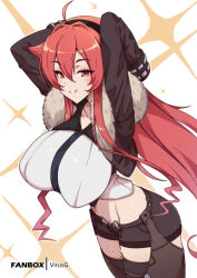  1girl ahoge arms_behind_head artist_name black_shorts black_thighhighs breasts chaps collarbone cowboy_shot crop_top eris_greyrat fur-trimmed_jacket fur_trim hair_between_eyes hairband jacket large_breasts looking_at_viewer matching_hair/eyes midriff mushoku_tensei red_eyes red_hair shorts smile solo standing star_(symbol) thighhighs virus-g white_background 