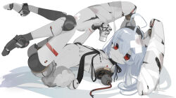  1girl ahoge amputee animal_ears bandages bandaid blue_hair colored_skin commentary_request commission damaged grey_skin joints long_hair looking_at_viewer lying nanatsuki_sousuke on_back original rabbit_ears rabbit_girl rabbit_tail red_eyes robot_girl robot_joints skeb_commission tail 