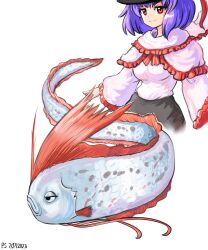  1girl absurdres black_headwear black_skirt capelet closed_mouth commentary dated english_commentary fish frilled_capelet frilled_shirt frills highres looking_at_viewer nagae_iku nagae_iku_(fish) oarfish pink_capelet pink_shirt profitshame purple_hair red_eyes shirt short_hair signature simple_background skirt touhou white_background 