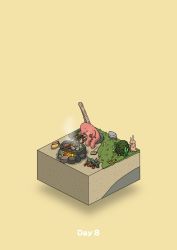 animal beach bush campfire commentary_request cooking diorama eating fish food fruit gozz grilling highres holding holding_food isometric original rabbit shell sitting steam stone yellow_background rating:General score:0 user:danbooru