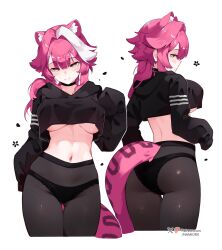  1girl absurdres animal_ears artist_name ass black_choker black_hoodie black_panties black_pantyhose blush breasts choker closed_mouth commentary crop_top cropped_legs english_commentary extra_ears hair_intakes highres hololive hololive_english hood hoodie large_breasts long_hair long_sleeves looking_at_viewer looking_back median_furrow multicolored_hair multiple_views namiorii navel panther_ears panther_girl panther_tail panties panties_under_pantyhose pantyhose patreon_logo patreon_username pink_hair raora_panthera simple_background sleeves_past_fingers sleeves_past_wrists smile solo_focus stomach streaked_hair tail thigh_gap thighs twitter_username two-tone_hair underboob underwear virtual_youtuber white_background white_hair yellow_eyes 