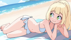  1girl absurdres bare_arms bare_legs bare_shoulders barefoot beach bikini blonde_hair blue_nails braid breasts closed_mouth commentary crown_braid day elbow_rest english_commentary green_eyes highres lillie_(pokemon) long_hair lying navel nintendo outdoors pokemon pokemon_(anime) pokemon_sm_(anime) small_breasts smile solo swimsuit thigh_gap tobias_wheller water white_bikini  rating:Sensitive score:25 user:danbooru