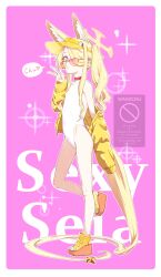  1girl adversarial_noise animal_ear_fluff animal_ears bare_shoulders blonde_hair blue_archive border covered_erect_nipples covered_navel cross_halo diamond_cutout english_text extra_ears feet fingernails flat_chest fox_ears fox_girl fox_tail full_body hair_over_one_eye halo hand_up heart highleg highleg_one-piece_swimsuit highres jacket kbrg loli long_hair long_sleeves looking_at_viewer nail_polish off_shoulder official_alternate_costume official_alternate_hairstyle one-piece_swimsuit one_eye_covered paid_reward_available parted_lips pink_background pink_eyes sandals seia_(blue_archive) seia_(swimsuit)_(blue_archive) side_ponytail solo sparkle speech_bubble spoken_heart standing standing_on_one_leg sunglasses swimsuit tail tail_ornament thighs tinted_eyewear toenail_polish toenails toes twintails very_long_hair very_long_tail visor_cap w watermark white_border white_one-piece_swimsuit yellow_halo yellow_jacket yellow_sandals yellow_visor 