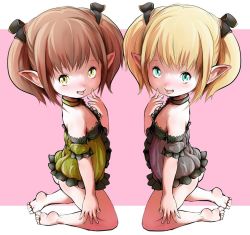  2girls ass barefoot blonde_hair blush bottomless brown_hair choker female_focus final_fantasy final_fantasy_xiv flat_chest full_body kneeling lalafell loli looking_at_viewer moocharuto multiple_girls open_mouth pointy_ears short_hair simple_background smile  rating:Questionable score:56 user:Fuckyou357853