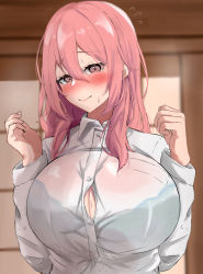 1girl blush bra_visible_through_clothes breast_pocket breasts button_gap closed_mouth embarrassed hair_between_eyes hands_up highres huge_breasts indoors inui_shinju lips long_hair long_sleeves looking_at_viewer panda_ring pink_eyes pink_hair pocket see-through_clothes shirt solo sono_bisque_doll_wa_koi_wo_suru sweat upper_body white_shirt rating:Questionable score:97 user:danbooru