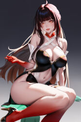  1girl bare_shoulders black_shoes blunt_bangs breasts brown_eyes brown_hair collarbone colored_skin gradient_background hair_ornament high_heels highres honkai:_star_rail honkai_(series) large_breasts lingsha_(honkai:_star_rail) long_hair looking_at_viewer multicolored_skin navel red_skin shoes sidelocks simple_background smile solo thighs wo_jiushi_kanbudong 