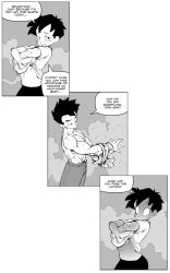  1boy 1girl black_hair blush couple dragon_ball embarrassed english_text happy muscular muscular_male short_hair smile son_gohan speech_bubble surprised sweat undressing videl 