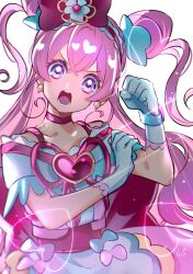  1girl apron bare_shoulders blue_bow bow bow_apron brooch choker clenched_hand collarbone cone_hair_bun corset cowboy_shot crossed_bangs cure_precious delicious_party_precure determined double_bun earrings eyelashes flexing flower flower_knot fork frilled_gloves frilled_hairband frilled_shirt frilled_sleeves frills gloves gold_earrings hair_between_eyes hair_bow hair_bun hair_flower hair_ornament hair_ribbon hairband hand_on_own_arm head_tilt heart heart_brooch highres jewelry light_particles long_hair magical_girl mismatched_earrings nagomi_yui off-shoulder_shirt off_shoulder open_mouth pink_bow pink_brooch pink_choker pink_corset pink_hair pink_hairband pink_ribbon pink_skirt precure purple_eyes ribbon shipu_(gassyumaron) shirt short_sleeves signature simple_background skirt solo sparkle spoon tareme teeth two_side_up v-shaped_eyebrows very_long_hair waist_apron watch wavy_hair white_apron white_background white_flower white_gloves white_shirt wristwatch yellow_ribbon 