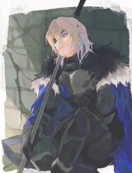  1boy armor armored_legwear bags_under_eyes black_armor black_fur blonde_hair blood blood_on_face blue_cape blue_eyes boots border breastplate cape commentary_request dimitri_alexandre_blaiddyd dimitri_alexandre_blaiddyd_(timeskip) eyepatch fire_emblem fire_emblem:_three_houses fur-trimmed_boots fur_trim hair_between_eyes highres holding holding_polearm holding_weapon knee_up looking_ahead male_focus medium_hair mumu_vosp nintendo one_eye_covered parted_bangs parted_lips polearm sitting solo stone_wall teeth weapon white_border white_fur 