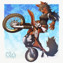  1girl acky animal_ears biker_clothes bikesuit black_bodysuit black_hair blue_background bodysuit breasts brown_gloves commentary commission floating full_body furry furry_female gloves highres horse_ears horse_girl horse_tail large_breasts long_hair looking_at_viewer mixed-language_commentary motocross motor_vehicle motorcycle open_mouth original signature skeb_commission solo tail taur yellow_eyes zipper 