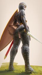1girl absurdres armor ass bad_id bad_twitter_id belt blue_eyes chainmail full_armor full_body grass highres holding holding_shield holding_sword holding_weapon looking_at_viewer looking_back medieval original shield solo standing sword wass_nonnam weapon rating:Sensitive score:59 user:danbooru
