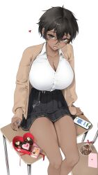  1girl absurdres black_hair black_nails black_skirt blue_eyes box box_of_chocolates breasts cardigan cellphone cleavage dark-skinned_female dark_skin desk hair_between_eyes heart heart-shaped_box highres huge_breasts ku_(kuchurage) kuchurage letter light_blush love_letter mole mole_on_breast mole_under_eye on_desk open_cardigan open_clothes open_mouth original phone pleated_skirt school_desk simple_background sitting skirt sleeves_past_wrists smartphone solo thighs tomboy white_background 
