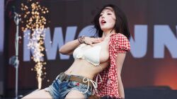  breasts chest_tattoo concert fireworks highres huge_breasts jacket jewelry kwon_eun-bi micro_shorts narrow_waist non-web_source photo_(medium) red_jacket ring shorts tattoo 